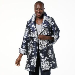 MarlaWynne Navy Floral Jacquard Trench Coat